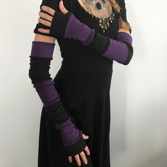 ORGANIC COTTON Long Striped Gloves Purple Hand Warmers Black Armwarmer Patchwork - Picture 2 of 5